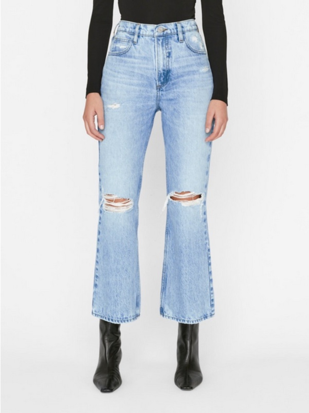 FRAME || Le High 'N' Tight Mini Boot Bootcut Crop Jeans Rossum Rips Wash Blue 31